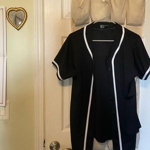 black and white lined button down shirt